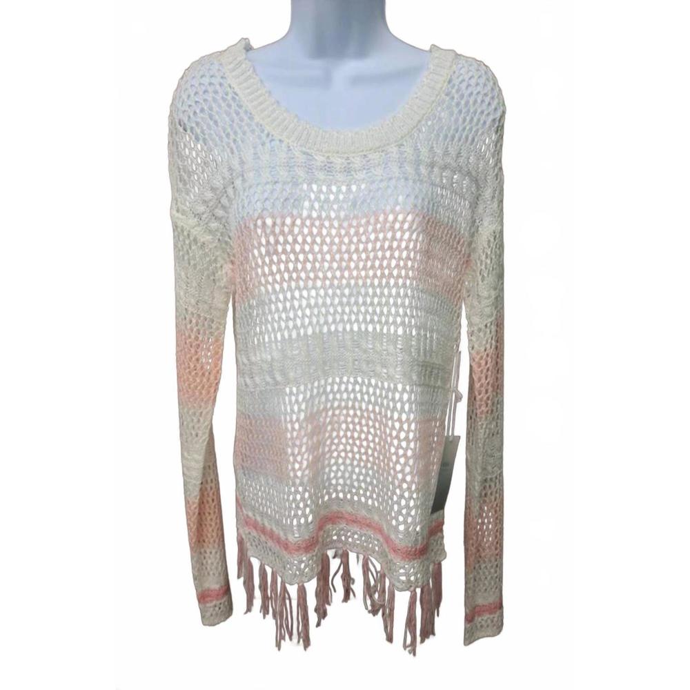 NEW O & O women's see thru crocheted fringed sweater in multicolor
